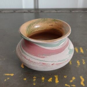 Vintage Silver Springs Florida Marbled Pottery Vase Pink Green Swirl 2.25x4in